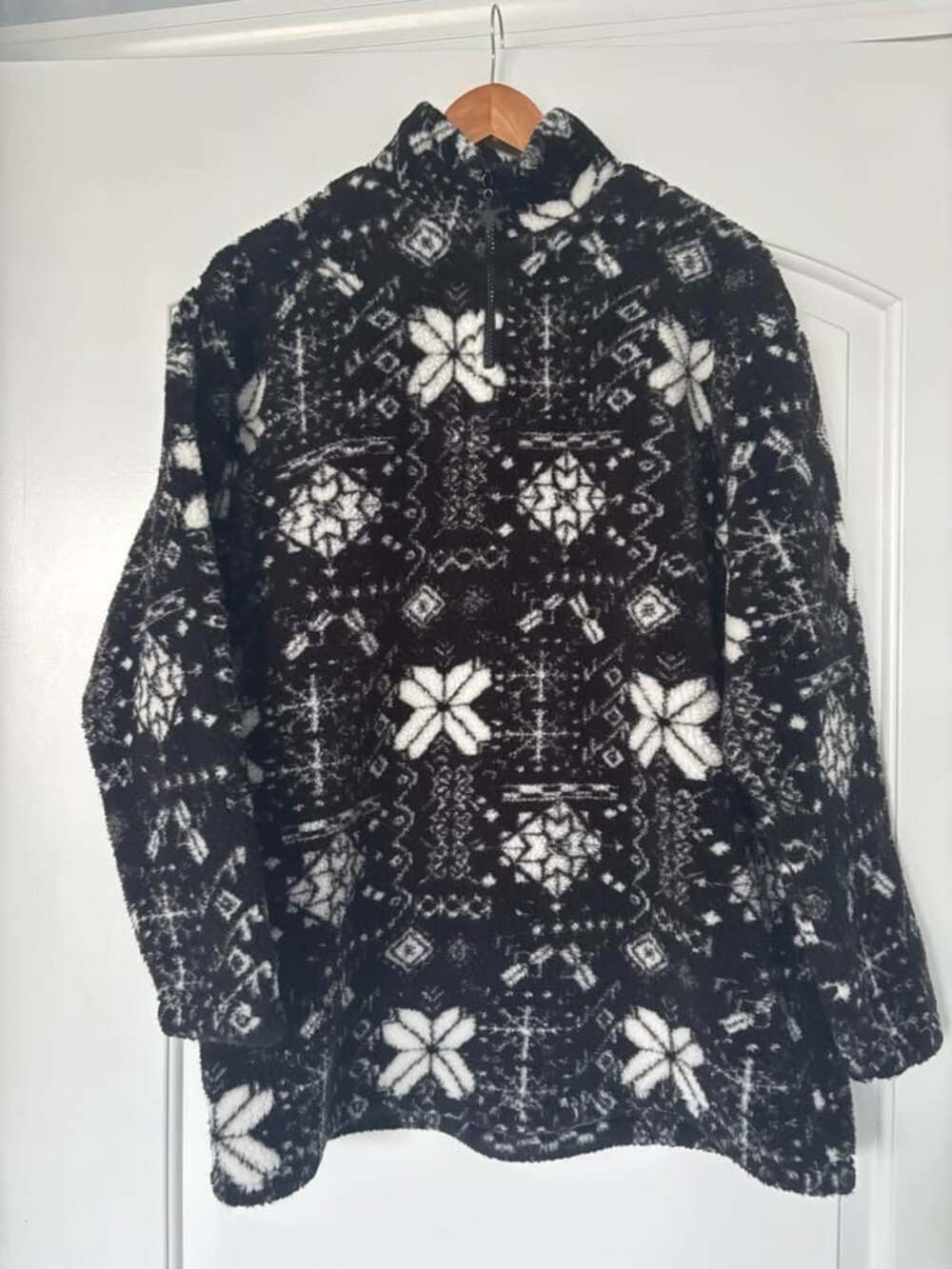Vintage 90s Bechamel Black White Aztec Snowflake Fleece Pullover - Women's Mediu